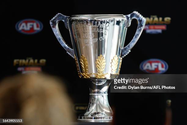 The premiership cup is seen during the official launch of the 2023 Toyota AFL Finals Series at the Toyota Corporate Headquarters on September 04,...