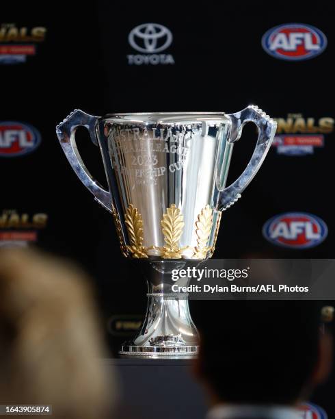 The premiership cup is seen during the official launch of the 2023 Toyota AFL Finals Series at the Toyota Corporate Headquarters on September 04,...