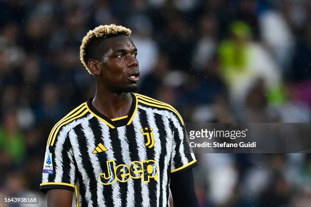 Paul Pogba of Juventus FC reacts during the Serie A TIM match between Juventus and Bologna FC at on August 27, 2023 in Turin, Italy.