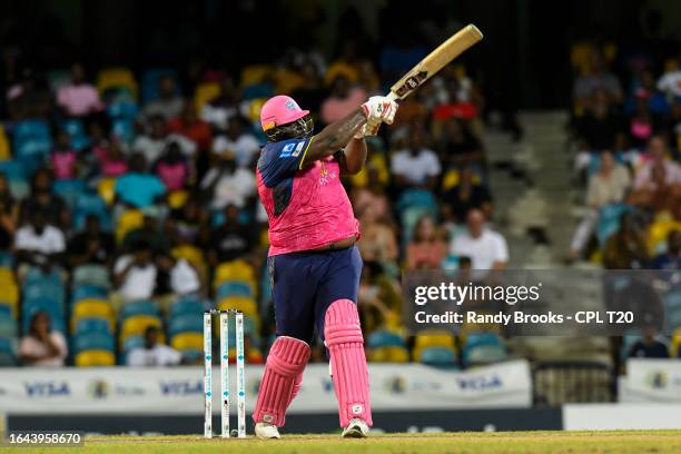 Rahkeem Cornwall of Barbados Royals hits 6 during the Men's 2023 Republic Bank Caribbean Premier League match 18 between Barbados Royals and Saint...
