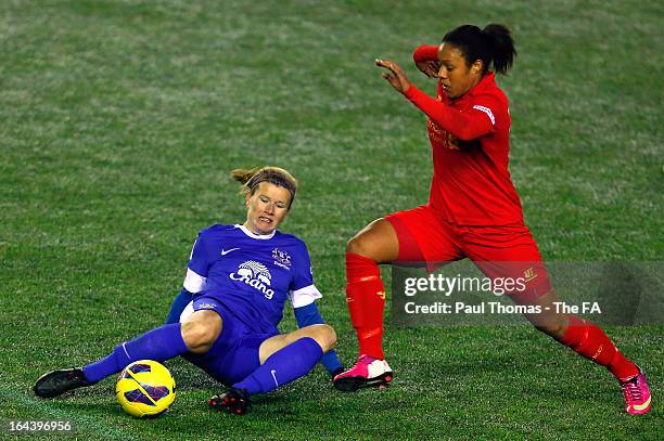 Lillie Fenlon-Billson of Liverpool in action with Lindsay Johnson of Everton during the FA WSL Continental Cup match between Liverpool Ladies FC v...