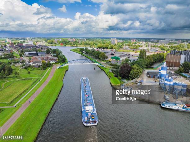 ship sailing on the zwolle ijssel canal seen from above - zwolle stock pictures, royalty-free photos & images