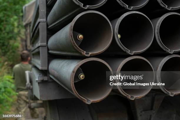 Missiles loaded into Ukrainian BM-21 "Grad" multiple rocket launcher on the Bakhmut direction on June 25, 2023 in Donetsk Oblast, Ukraine....