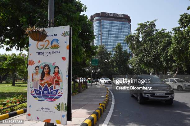 Banner for the Group of 20 summit outside the Le Meridien hotel in New Delhi, India, on Sunday, Sept. 3, 2023. The G-20 summit is scheduled to run...