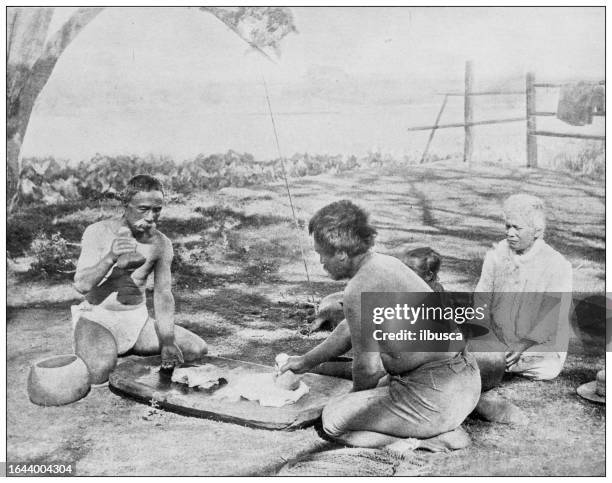 hawaii, antique photo: converting taro paste (paiai) to poi - hawaiian ethnicity stock illustrations