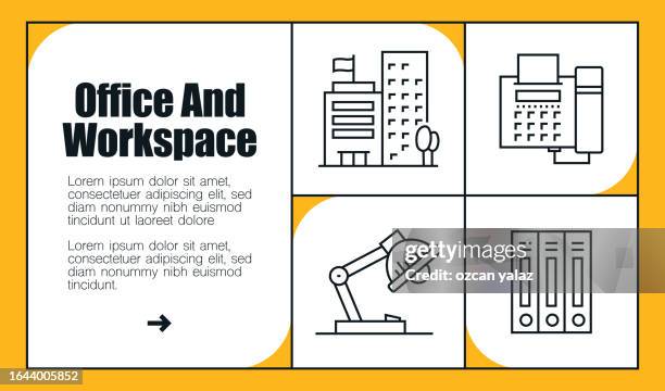 office and workspace line icon set and banner design. the design is editable and the color can be changed. vector set of creativity icons: desk , telephone , office supplies , laptop , folders , printer - flip chart paper stock illustrations