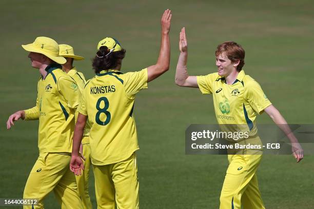 Callum Vidler of Australia U19 celebrates taking the wicket of Luc Benkenstein of England U19 caught by Lachlan Aitken during the 2nd Youth ODI...