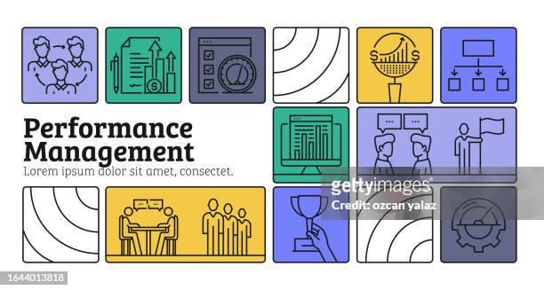 performance management line icon set and banner design. the design is editable and the color can be changed. vector set of creativity icons: strength, improvement, development, business, internet, running, efficiency, progress - rockets v thunder stock illustrations