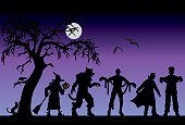 Halloween characters on a purple background