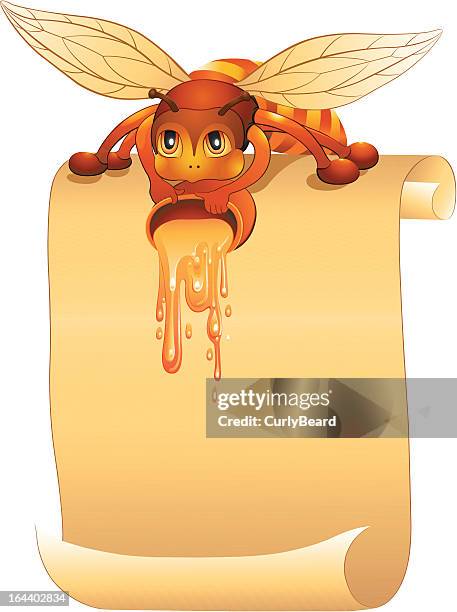 stockillustraties, clipart, cartoons en iconen met bee spills honey on scroll paper - angels