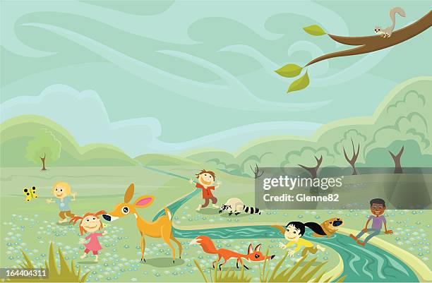 kinder spielen im freien mit tieren - black fox stock-grafiken, -clipart, -cartoons und -symbole