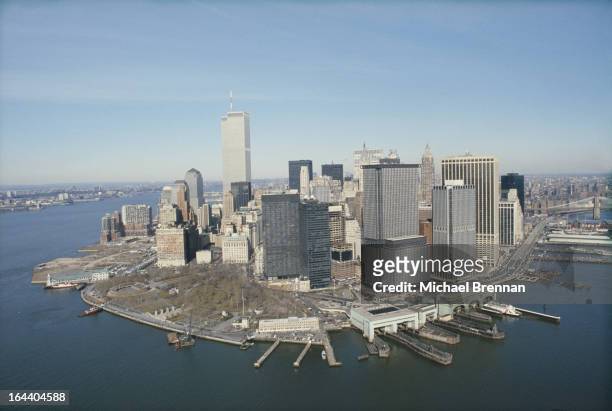 The financial district of Manhattan, New York City, as viewed from a helicopter, 1989.