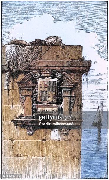 old engraved illustration of barcelona coat of arms, city on the coast of northeastern spain - crest logo stock pictures, royalty-free photos & images