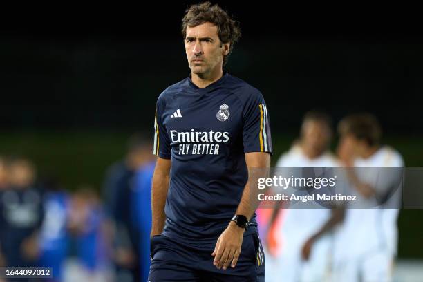 Head coach Raul Gonzalez of Real Madrid Castilla looks on after the Primera RFEF Group 2 match between Real Madrid Castilla and UD Melilla at Estadio...