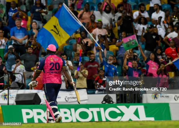 Rahkeem Cornwall of Barbados Royals retired out on 102 during the Men's 2023 Republic Bank Caribbean Premier League match 18 between Barbados Royals...