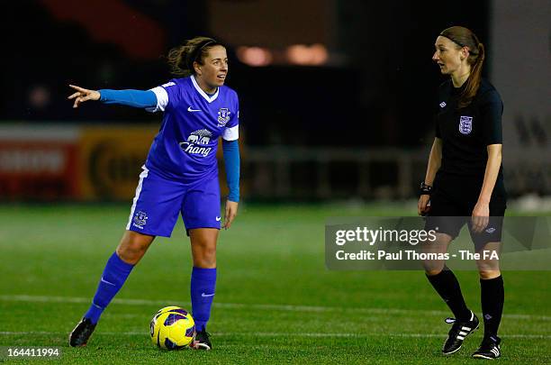 Amy Kane of Everton gestures towards referee Sian Massey during the FA WSL Continental Cup match between Liverpool Ladies FC v Everton Ladies FC at...