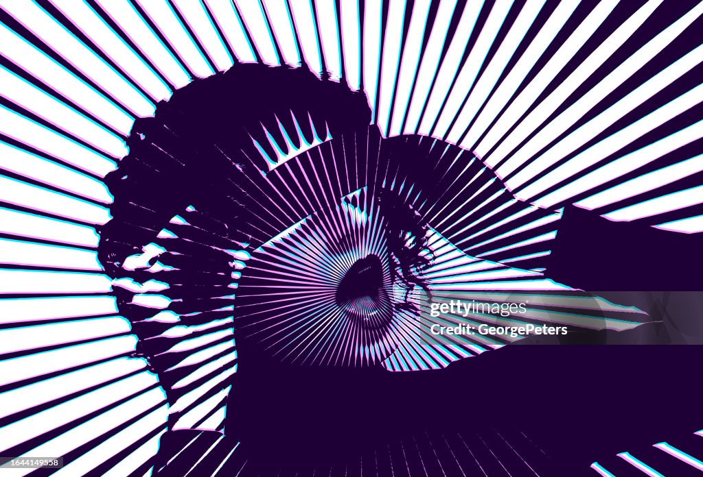 Vettore retrò di una giovane donna e simulatore di realtà virtuale con tecnica Glitch