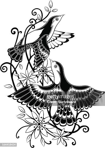 bird vector tattoo - black and white flower tattoo designs stock illustrations