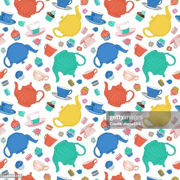 tea party seamless background pattern - tea biscuit stock illustrations