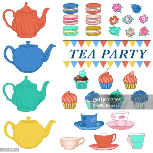 tea-party-einladungselemente auf transparentem hintergrund - macaroon stock-grafiken, -clipart, -cartoons und -symbole