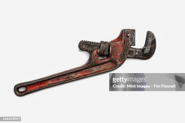 used tools. a worn and well used mole wrench or adjustable spanner. - adjustable wrench foto e immagini stock