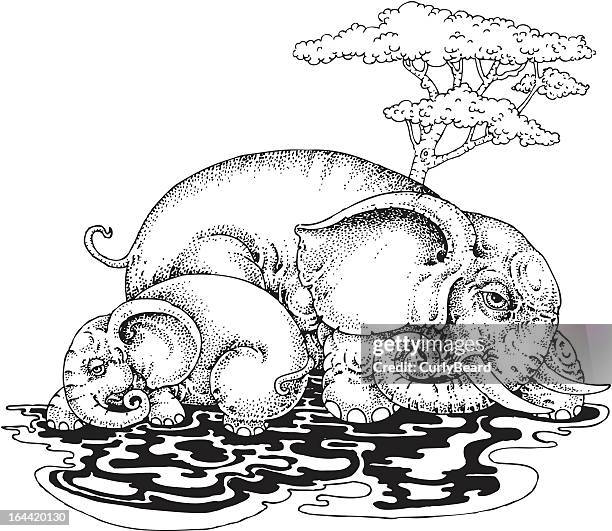 mother and kid elephant - sleeping elephant stock illustrations