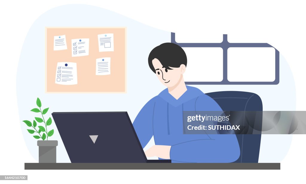 Doing Work Male Character Image Doing Work Or Homework At Notebook High-Res Vector ...
