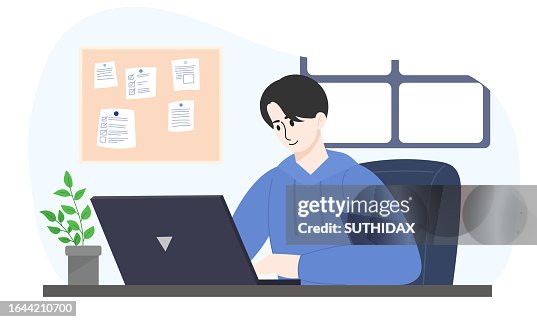 Male character image doing work or homework at notebook Male character image doing work or homework at notebook