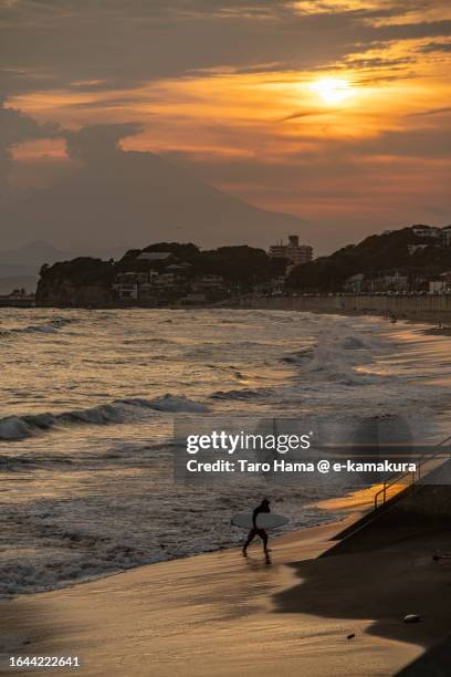 mt. fuji and sunset beach in kanagawa of japan - shonan stock pictures, royalty-free photos & images