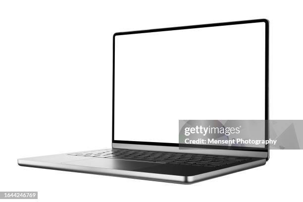 open a modern laptop mockup isolated mockup with a white screen isolated on a white background - computer portatile foto e immagini stock