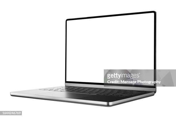 open a modern laptop mockup isolated mockup with a white screen isolated on a white background - white computer keyboard stock pictures, royalty-free photos & images