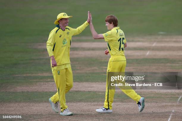 Callum Vidler of Australia U19 celebrates taking the wicket of Eddie Jack of England U19 with Hugh Weibgen during the 2nd Youth ODI between England...