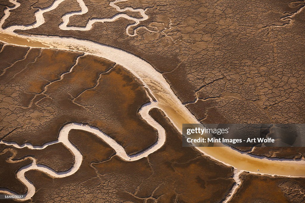 San Francisco Bay salt flats with glistening water channels in California, USA