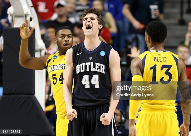 Andrew Smith of the Butler Bulldogs reacts after a play against the Marquette Golden Eagles in the first half during the third round of the 2013 NCAA...