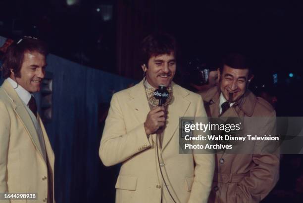 Frank Gifford, Don Meredith, Howard Cosell covering Buffalo Bills vs Kansas City Chiefs for the ABC Sports tv series 'Monday Night Football'.