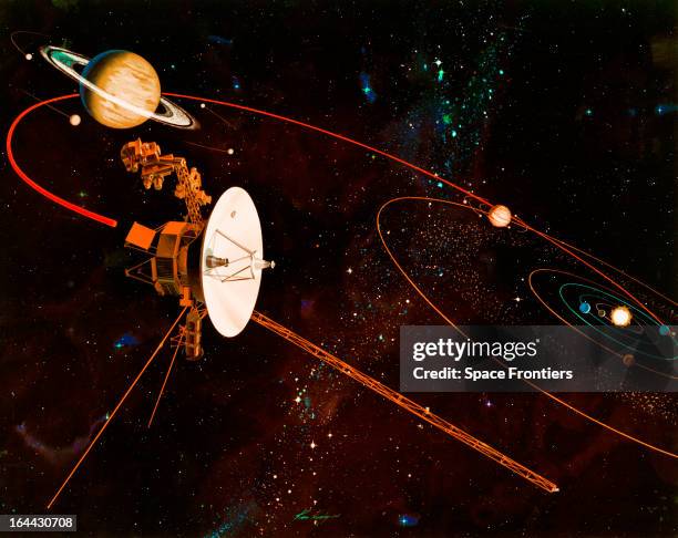 An artist's impression of the trajectory to be taken by NASA's Voyager 1 and Voyager 2 space probes on their missions to study Jupiter and Saturn.