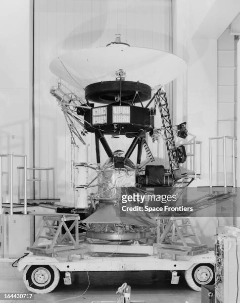 Voyager space probe in a clean room at the Jet Propulsion Laboratory at the California Institute of Technology , Pasadena California, 1977. The craft...