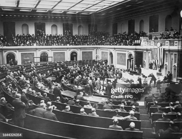 American politician Frederick H Gillett, Speaker of the House of Representatives, in the chair at the opening session of the United States House of...