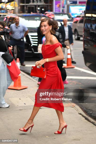 Hailey Bieber arrives at "Good Morning America" at the ABC Studio in Time Square on August 28, 2023 in New York City.