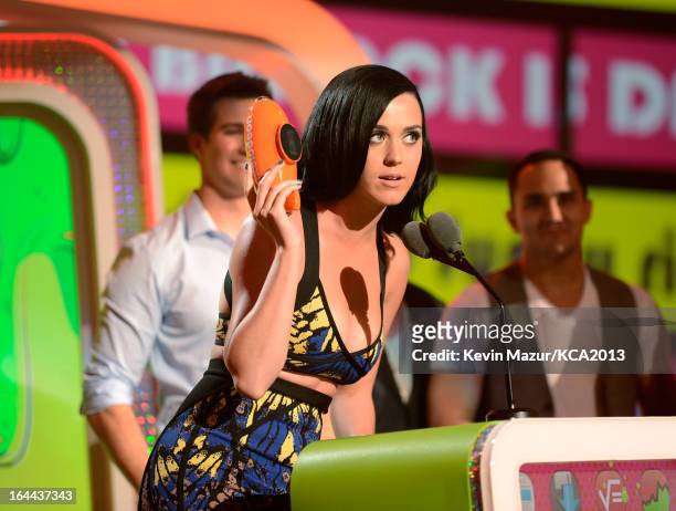 Singer Katy Perry speaks onstage during Nickelodeon's 26th Annual Kids' Choice Awards at USC Galen Center on March 23, 2013 in Los Angeles,...