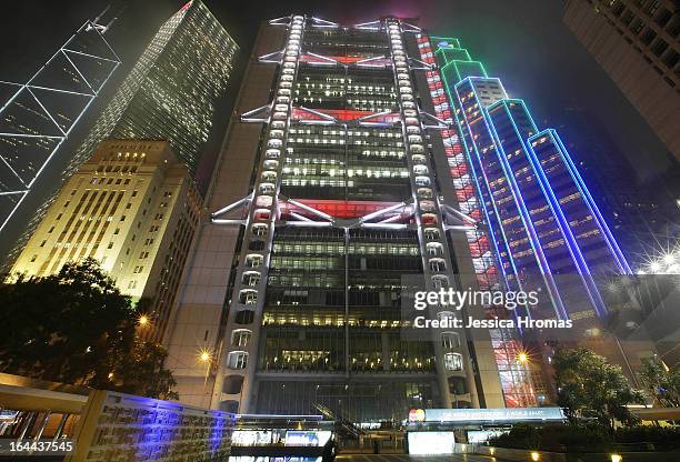 The Bank of China Tower, Cheung Kong Centre, The HSBC Building and Standard Charter building are seen before the lights were switched off to...