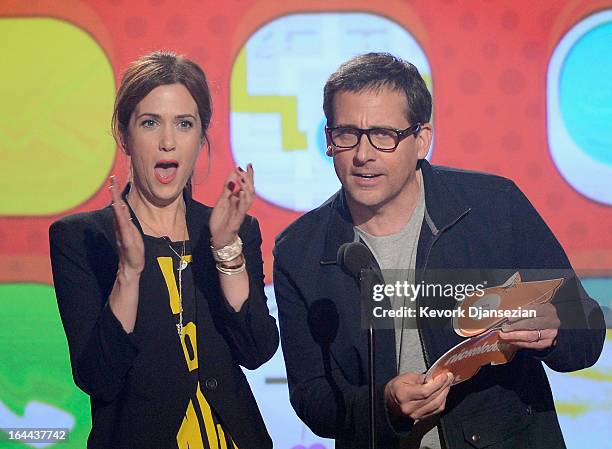 Actors Kristen Wiig and Steve Carell speak onstage during Nickelodeon's 26th Annual Kids' Choice Awards at USC Galen Center on March 23, 2013 in Los...