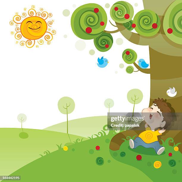 little boy resting. summer time. - lying grass stock illustrations