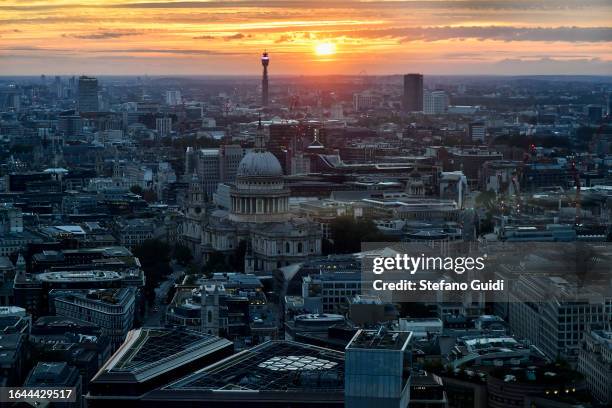 General view of London city at sunset on August 21, 2023 in London, England. London is the capital of England, many of the inhabitants, called...