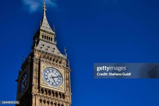 Close up of Big Ben on August 21, 2023 in London, England. London is the capital of England, many of the inhabitants, called Londoners, come from...
