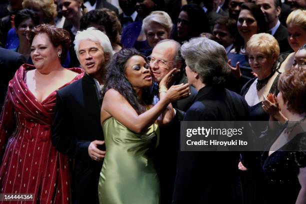 Joseph Volpe Gala at the Metropolitan Opera on Saturday night, May 20, 2006.This image;Curtain call for Joseph Volpe.From left, Stephanie Blythe,...