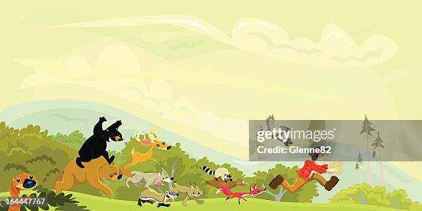 hunter chased by a group of animals - bear running stock illustrations