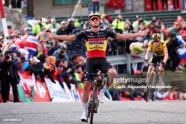 Remco Evenepoel of Belgium and Team Soudal - Quick Step celebrates at finish line as stage winner during the 78th Tour of Spain 2023, Stage 3 a...