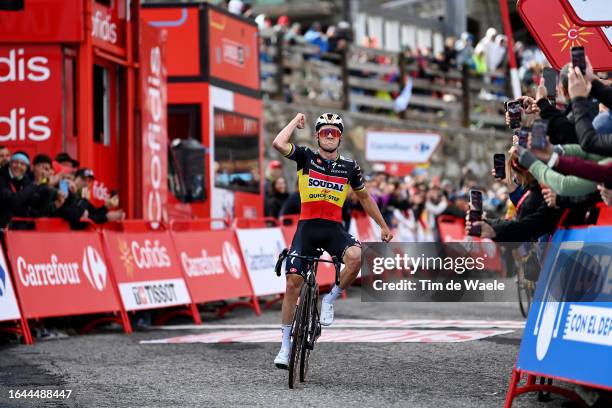 Remco Evenepoel of Belgium and Team Soudal - Quick Step celebrates at finish line as stage winner during the 78th Tour of Spain 2023, Stage 3 a...