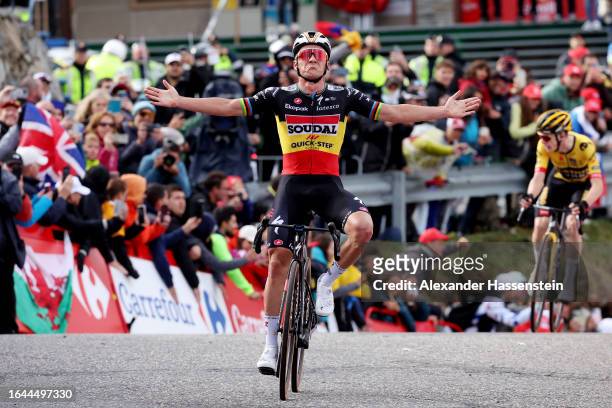 Remco Evenepoel of Belgium and Team Soudal - Quick Step celebrates at finish line as stage winner during the 78th Tour of Spain 2023, Stage 3 a...